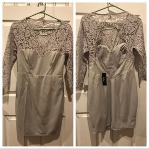 Grey party dress with lace sleeves. Backless.